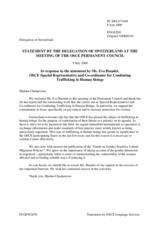 Statement by the Delegation of Switzerland in response to the report of the Special Representative and Co-ordinator for Combating Trafficking in Human Beings, Eva Biaudet