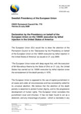 Statement by the Swedish Presidency of the Council of the European Union on the 1000th execution by lethal injection in the United States of America
