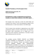 Statement by the Swedish Presidency of the Council of the European Union on the proposed Declaration on Violent Hate Incidents in the OSCE Region