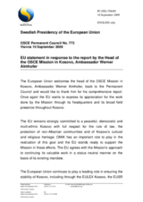 Statement by the Swedish Presidency of the Council of the European Union in response to the report by the Head of the OSCE Mission in Kosovo, Ambassador Werner Almhofer