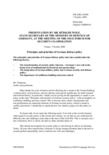 Presentation by Rüdiger Wolf, State Secretary of the Ministry of Defence of Germany, on principles and priorities of German defence policy