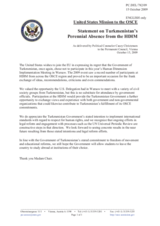 Statement by the Delegation of the United States on Turkmenistan's absence from the 2009 Human Dimension Implementation Meeting