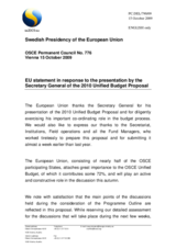 Statement by the Swedish Presidency of the Council of the European Union in response to the presentation by the OSCE Secretary General of the 2010 Unified Budget Proposal