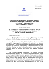 Statement by the Delegation of the Holy See in response to the address by the Minister of Foreign Affairs and European Integration of the Republic of Croatia, Gordan Jandrokovic
