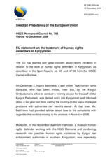 Statement by the Swedish Presidency of the Council of the European Union on the treatment of human rights defenders in Kyrgyzstan