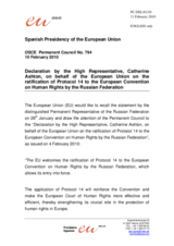 Statement by the Spanish Presidency of the Council of the European Union on the Declaration by the High Representative of the Union for Foreign Affairs and Security Policy on the ratification of Protocol 14 to the ECHR by the Russian Federation