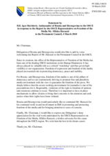 Statement by the Delegation of Bosnia and Herzegovina in response to the report by the OSCE Representative on Freedom of the Media, Miklos Haraszti