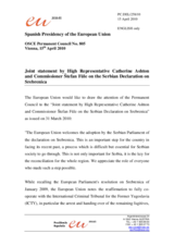 Statement by the Spanish Presidency of the Council of the European Union on the Joint statement by High Representative Catherine Ashton and Commissioner Stefan FÃ¼le on the Declaration by the National Assembly of Serbia on Srebrenica