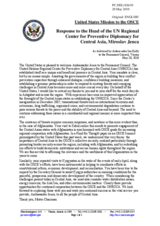 Statement by the Delegation of the United States in response to the address by the Special Representative of the UN SG and Head of the UN Regional Centre for Preventive Diplomacy for Central Asia (UNRCCA), Ambassador Miroslav Jenca
