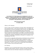 Statement by the Delegation of Norway in Response to address by the Minister of Foreign Affairs of Kazakhstan, H.E. Mr Kassymzhomart Tokaev