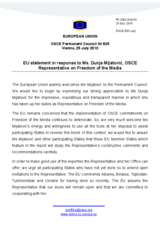 Statement by the Belgian Presidency of the Council of the European Union in response to the report by the OSCE Representative on Freedom of the Media, Dunja Mijatovic