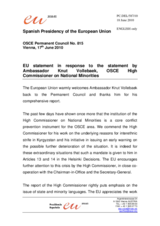 Statement by the Spanish Presidency of the Council of the European Union in response to the report by the High Commissioner on National Minorities, Ambassador Knut Vollebaek