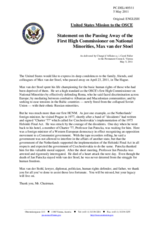 Statement by the Delegation of the United States on the passing away of the First High Commissioner on National Minorities, Max van der Stoel