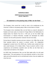 Statement by the Hungarian Presidency of the Council of the European Union on the passing away of the First High Commissioner on National Minorities, Max van der Stoel
