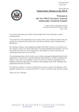 Welcoming statement by the Delegation of the United States for the newly appointed Secretary General of the OSCE, Ambassador Lamberto Zannier