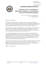 Statement by the Delegation of the United States on the killing of the head of Afghanistan’s High Peace Council and former president of Afghanistan Mr. B. Rabbani