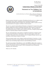 Statement by the Delegation of the United States on the new law on religion in Kazakhstan