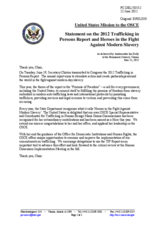Statement by the Delegation of the United States on the release of the 2012 Trafficking in Persons Report by the United States of America and recognition by the U. S. State Department of “Heroes in the Fight against Modern Slavery”