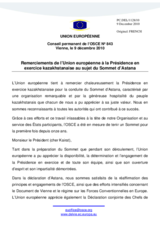 Remerciements de l’Union européenne à la Présidence en exercice kazakhstanaise au sujet du Sommet d’Astana