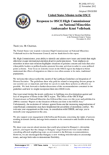 Statement by the Delegation of the United States in response to the report by the OSCE High Commissioner on National Minorities, Ambassador Knut Vollebaek
