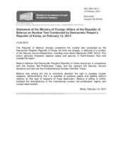 Statement of the Ministry of Foreign Affairs of the Republic of Belarus on the nuclear test conducted by the Democratic People’s Republic of Korea on 12 February 2013