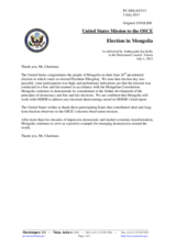 Statement by the Delegation of the United States on the presidential elections in Mongolia, held on 26 June 2013