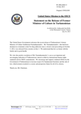 Statement by the Delegation of the United States on the release of former Minister of Culture Mr. G. Nurmuhammedov in Turkmenistan
