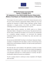 Statement by the Lithuanian Presidency of the Council of the EU on the Office for Democratic Institutions and Human Rights (ODIHR) Election Observation Mission Final Report on the presidential election in Mongolia held on 26 June 2013