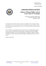 Statement by the Delegation of the United States of America on the release of human rights activist Ms. L. Yunusova in Azerbaijan