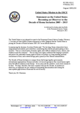 Statement by the Delegation of the United States of America on the decade of Roma Inclusion 2005–2015