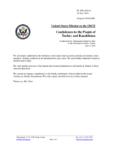 Statement by the Delegation of the United States of America extending condolences to the families of the victims of the attacks in Aktobe, Kazakhstan, on 5 June 2016, and in Istanbul, Turkey, on 7 June 2016