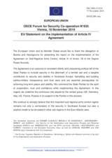 Statement by the Slovak EU Presidency on the implementation of the Agreement on Sub-Regional Arms Control (Article IV, Annex 1-B, General Framework Agreement for Peace in Bosnia and Herzegovina)