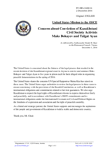 Statement by the Delegation of the United States of America on the concern about the conviction of Kazakhstani civil society activists Mr. M. Bokayev and Mr. T. Ayan