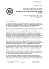 Statement by the Delegation of the United States of America in response to the report by the Head of the OSCE Mission to Serbia, Ambassador Andrea Orizio