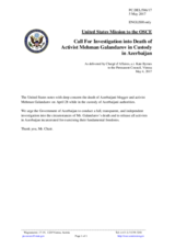 Statement by the Delegation of the United States of America on the call for an investigation into the death of Mr. M. Galandarov