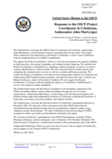 Statement by the Delegation of the United States of America in response to the report by the OSCE Project Co-ordinator in Uzbekistan, Ambassador John MacGregor